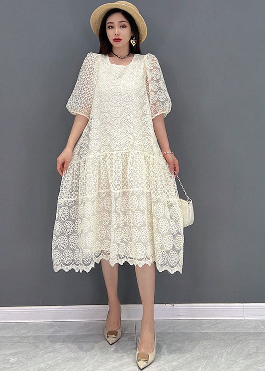 Boutique White O-neck Patchwork Lace Long Dress Half Sleeve