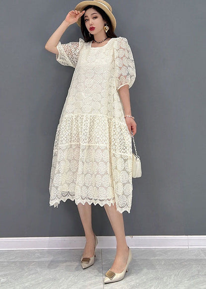 Boutique White O-neck Patchwork Lace Long Dress Half Sleeve