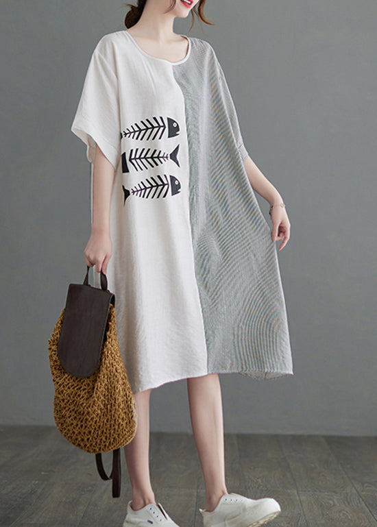 Boutique White O-neck Striped Patchwork Dress Short Sleeve