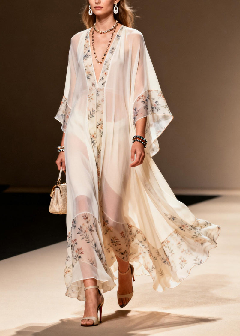 Boutique White Oversized Patchwork Print Chiffon Ankle Dress Summer
