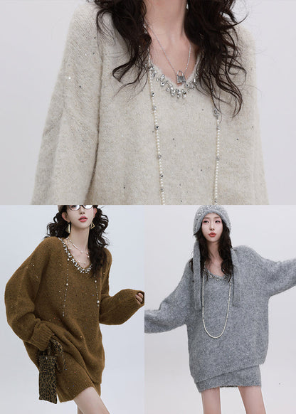 Boutique White Sequins Warm Knit Sweater and Skirt Two Piece Set Winter