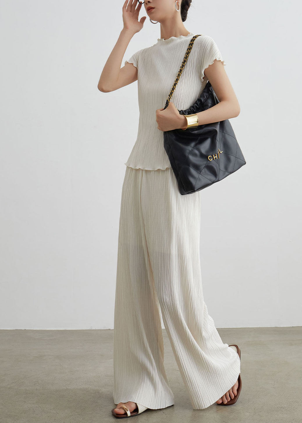 Boutique White Wrinkled T Shirt Pants Cotton Two Pieces Set Summer