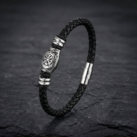 Braided Black Viking Compass Leather Bracelet