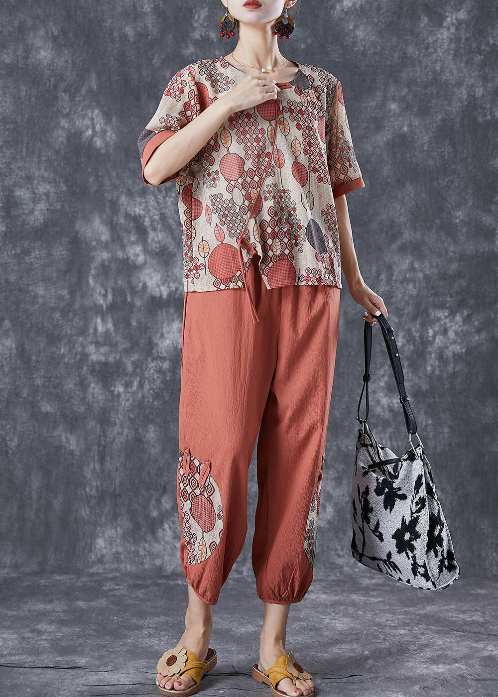 Brick Red Patchwork Cotton Sets 2 Pieces Side Open Summer