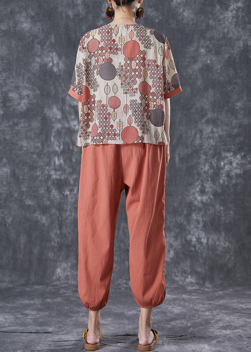 Brick Red Patchwork Cotton Sets 2 Pieces Side Open Summer