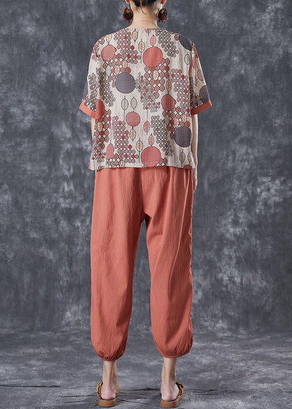 Brick Red Patchwork Cotton Sets 2 Pieces Side Open Summer