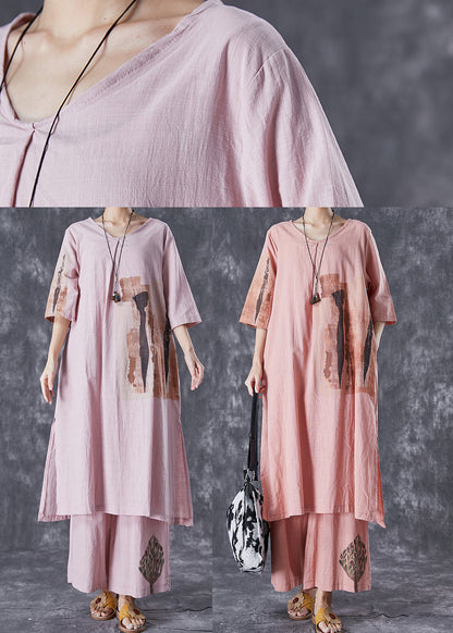 Brick Red Print Linen Dress and Pants Two Piece Set Outfits Side Open Summer