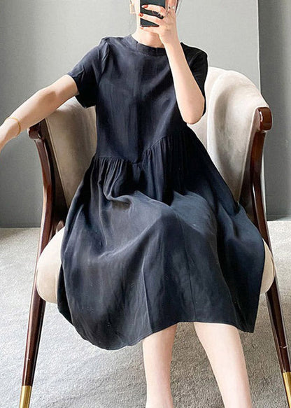 Brief Black Flower O-neck Patchwork Cotton Blend Dress Short Sleeve