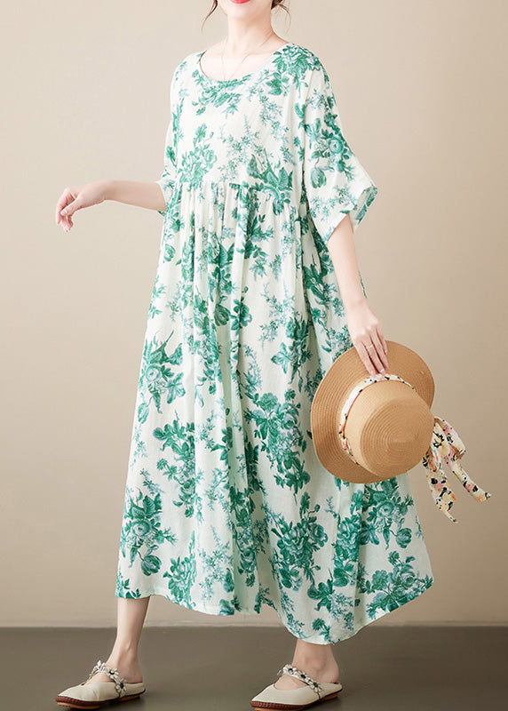 Brief Green O-neck Patchwork Print Cotton Maxi Dresses Summer