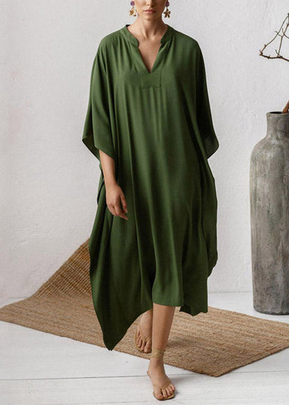 Brief Green V Neck Cozy Kaftan Long Dress Half Sleeve