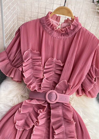 Brief Pink Stand Collar a Line Long Dress Flare Sleeve