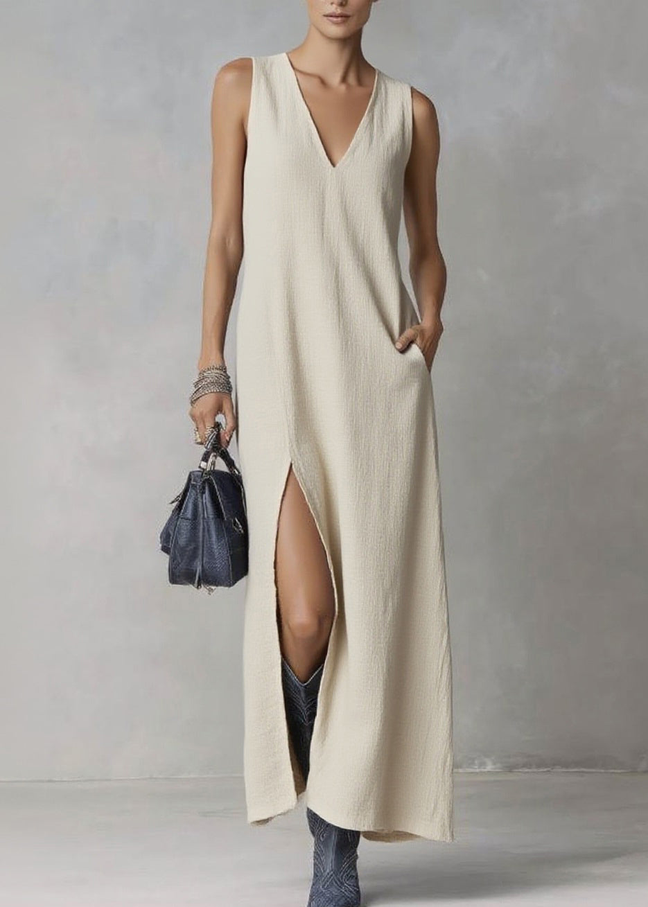 Brief Ramie V Neck Pockets Patchwork Maxi Dresses Summer