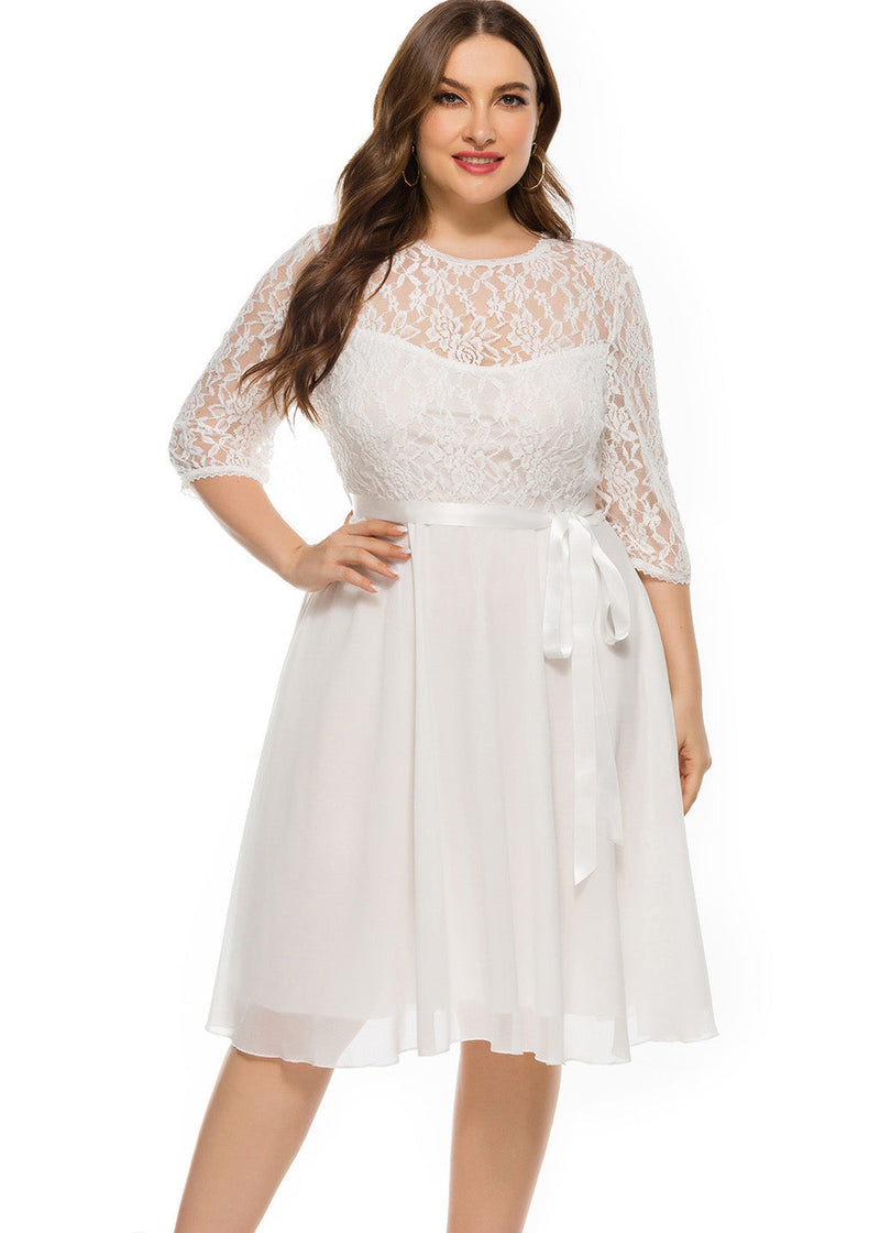 Brief White O-neck Lace Patchwork Chiffon Mid Dress Bracelet Sleeve