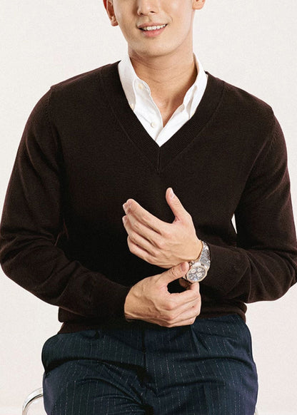 Brown Cozy Knit Sweater Tops V Neck