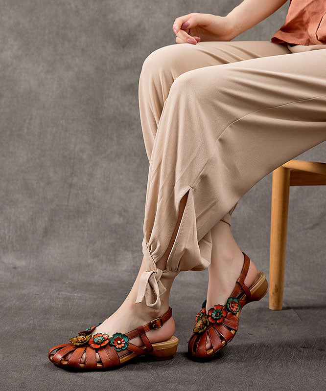 Brown Sandals Splicing Cowhide Leather Hollow Out Buckle Strap