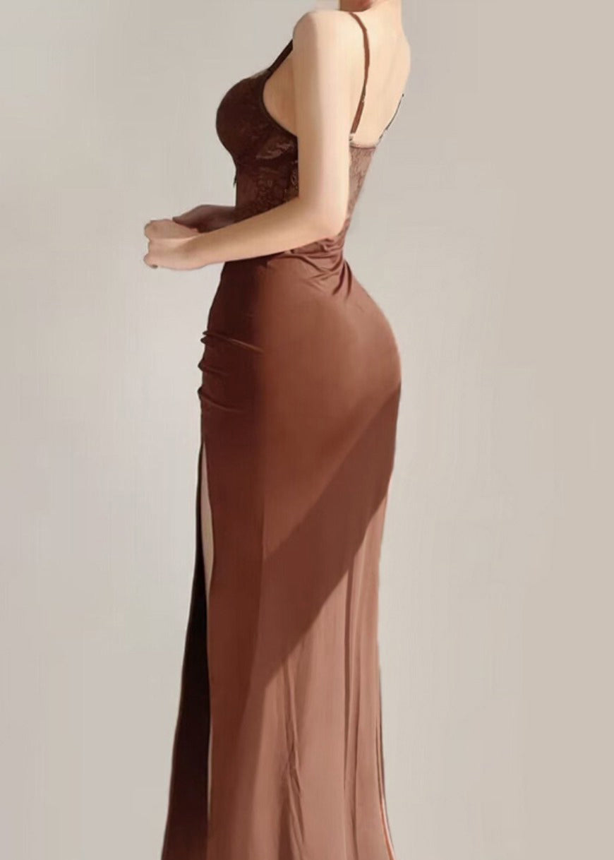 Brown Side Open Maxi Spaghetti Strapdresses Sleeveless