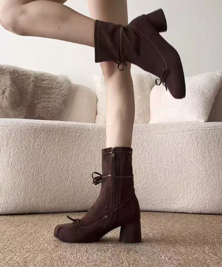 Brown Suede Bow Splicing Boots