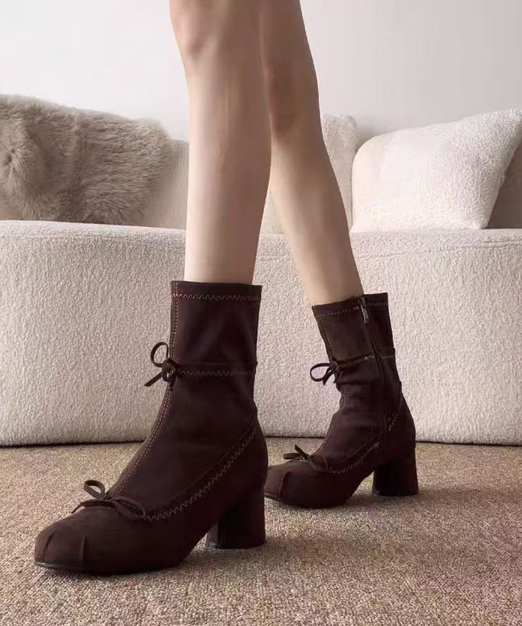 Brown Suede Bow Splicing Boots