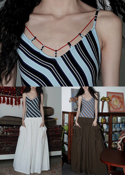 Brown Wrinkled Pockets Patchwork Cotton Sleeveless Long Dresses Striped