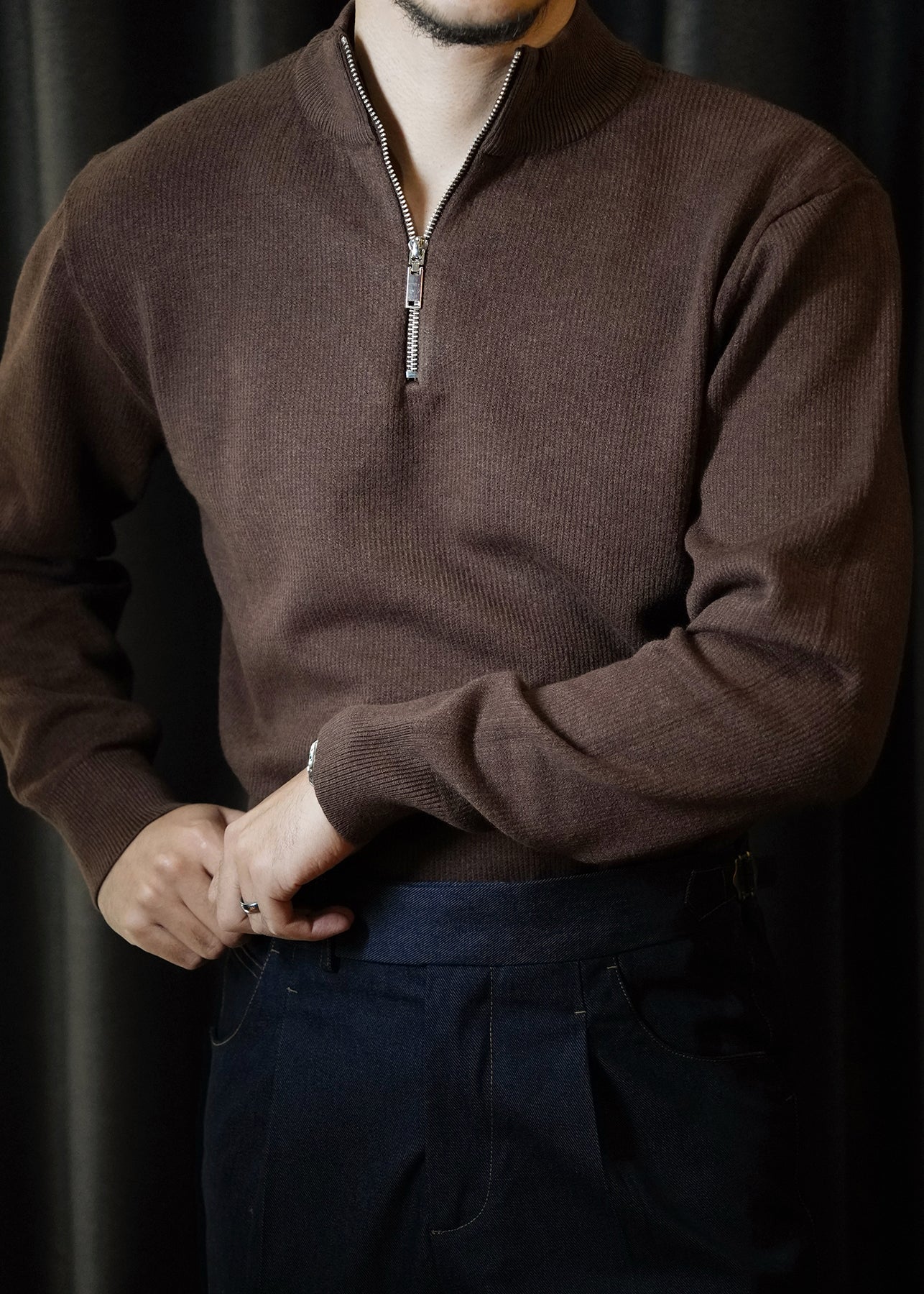 Brown Zip Up Thick Knit Short Sweater Stand Collar