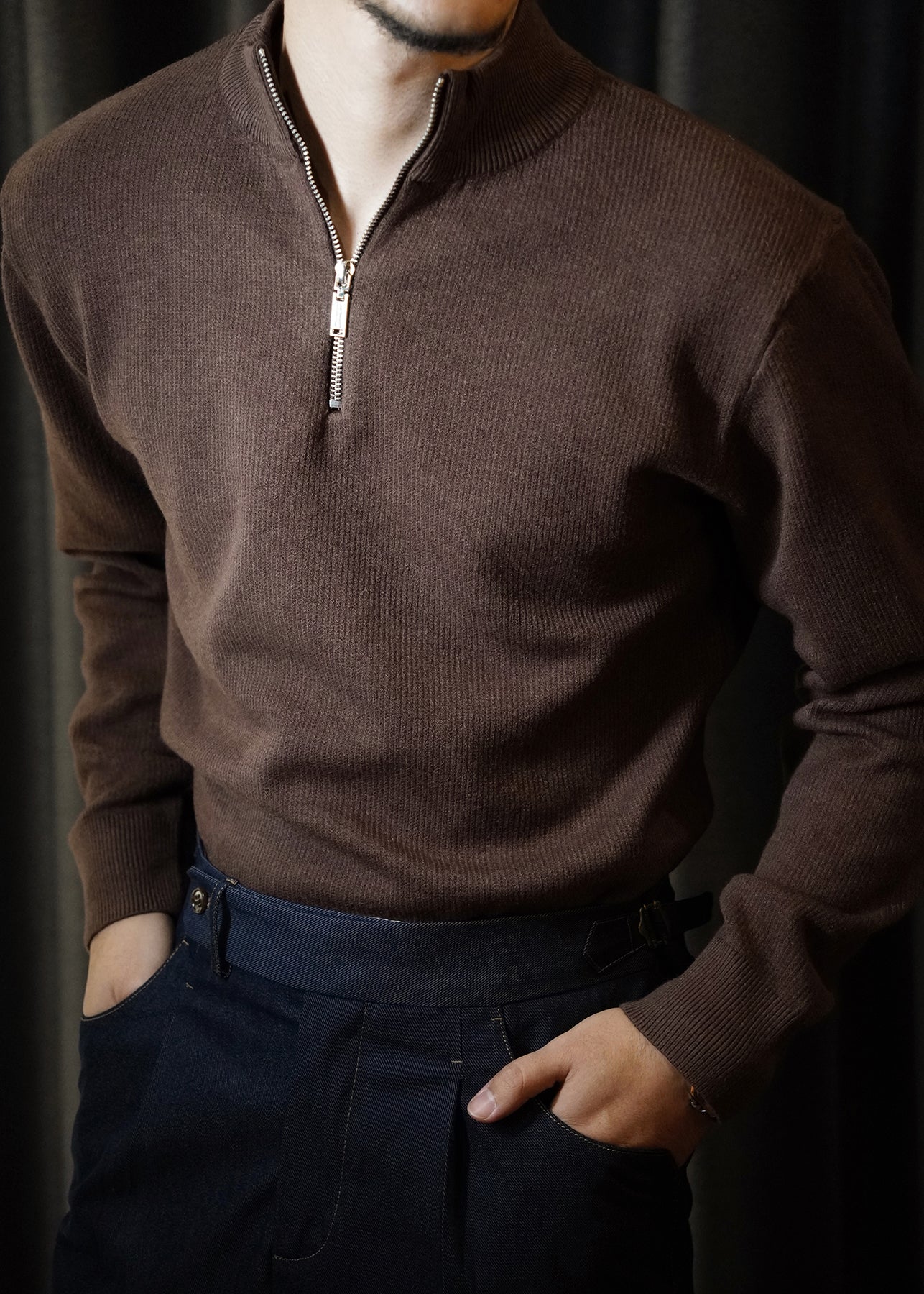 Brown Zip Up Thick Knit Short Sweater Stand Collar