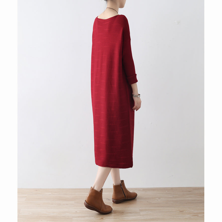 Burgundy Wave Knit Sweater Dresses Long Winter Dresses Cotton Sweaters Winter