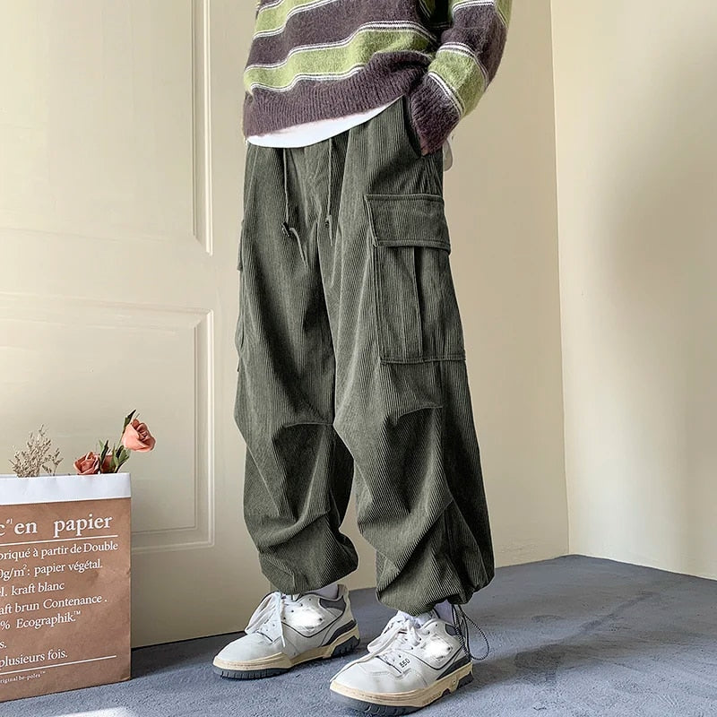 CD | Pantaloni cargo largi din catifea pentru bărbați