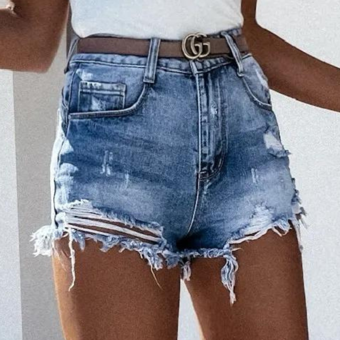 CD | Pantaloni scurți cu talie înaltă din denim folosit cu franjuri