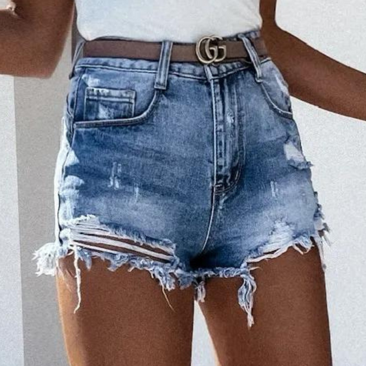 CD | Pantaloni scurți cu talie înaltă din denim folosit cu franjuri