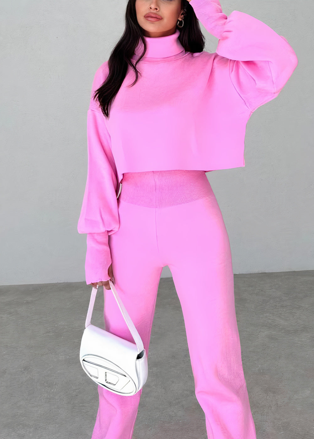 CD | Pulover elegant cu guler polo și pantaloni cu picior drept pentru femei