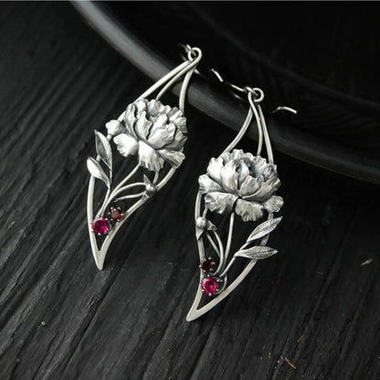 Boho Floral Earrings With Crystals In Sterling Silver
