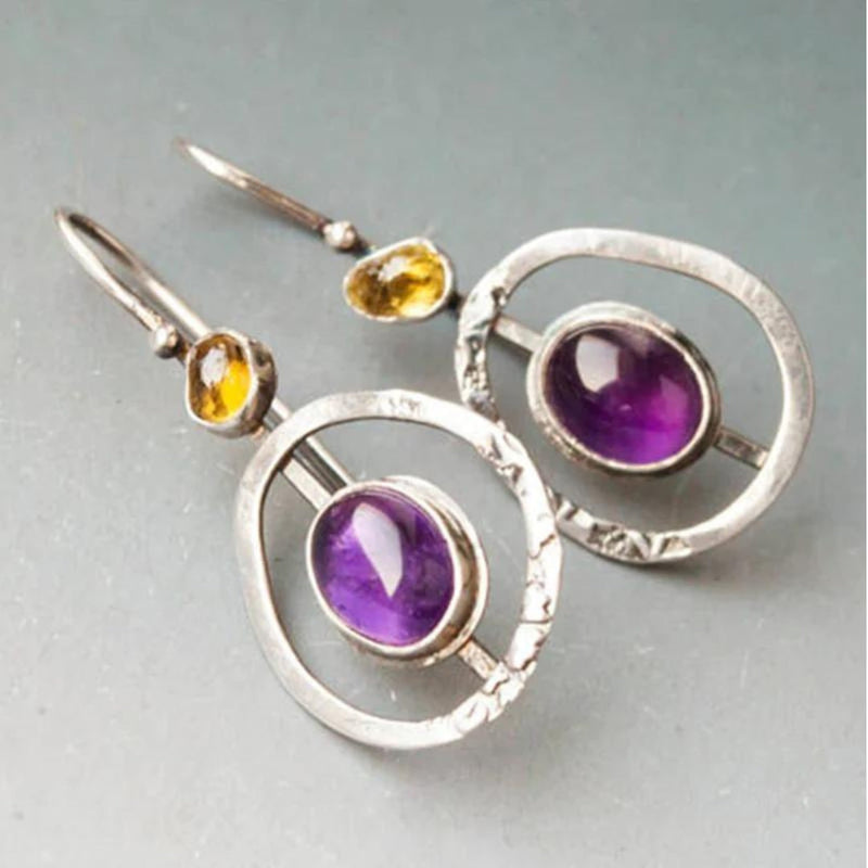 Boho Circular Earrings With Amethyst In Silver