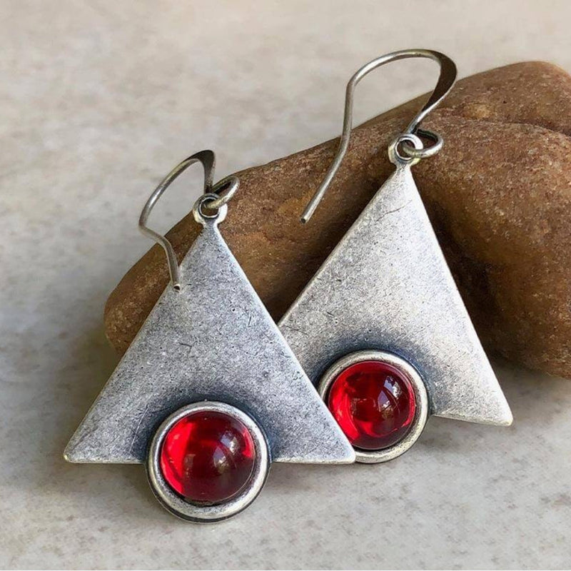 Boho Triangle Earrings With Red Stones In Silver