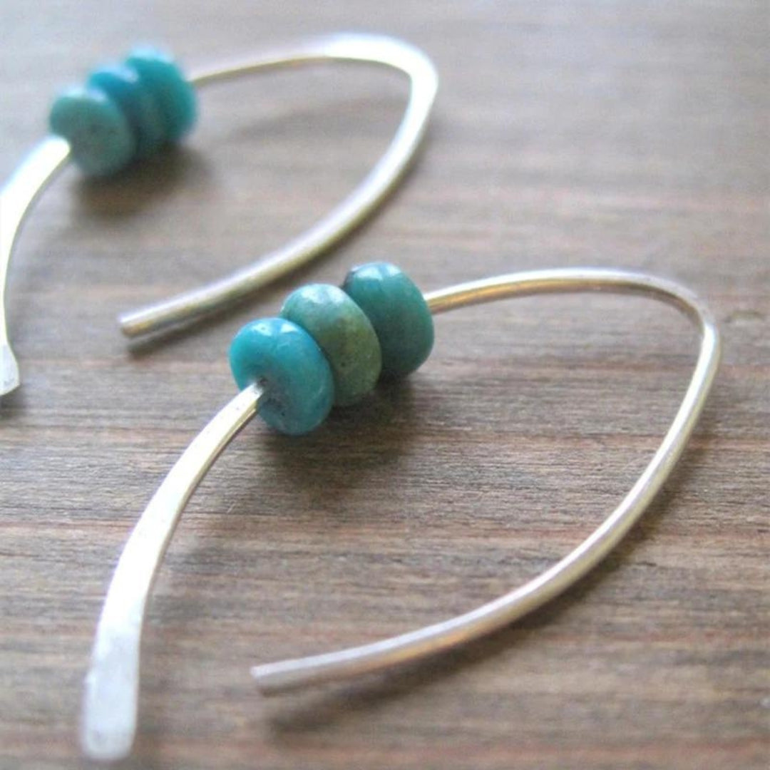 Boho Wavy Earrings With Turquoise Stones In Sterling Silver