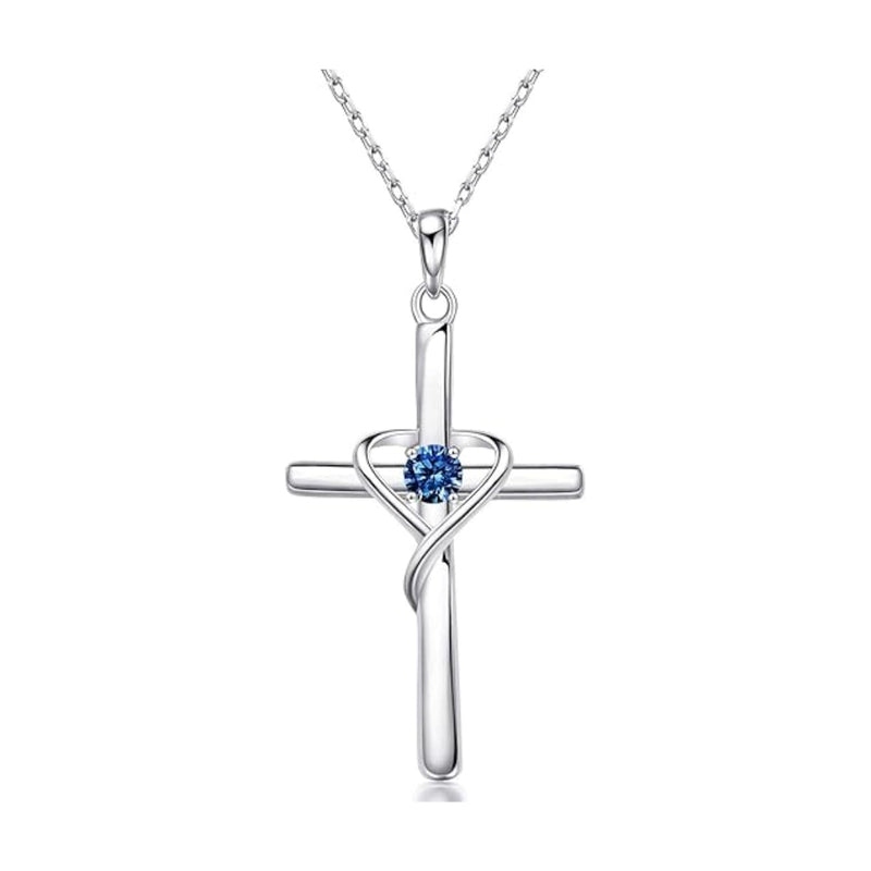 Sapphire Heart Stone Cross Necklace | White Gold
