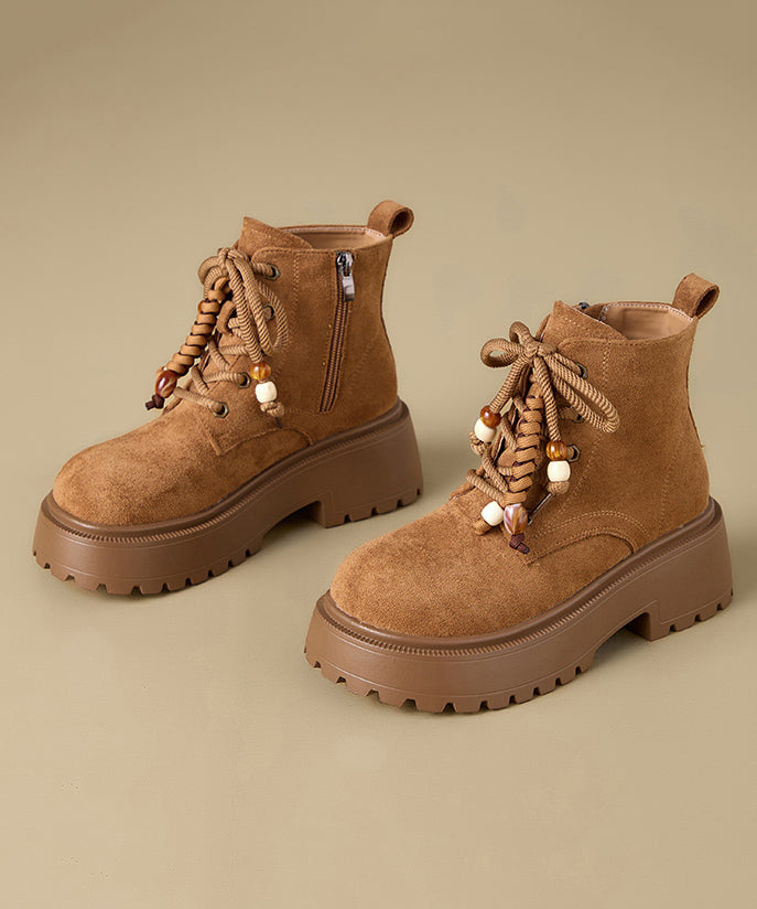 Camel Boots Platform Suede Splicing Lace Up