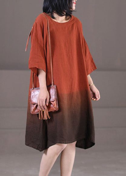 Caramel Exra Large Hem Cotton Vacation Dress O-neck Gradient Color Half Sleeve