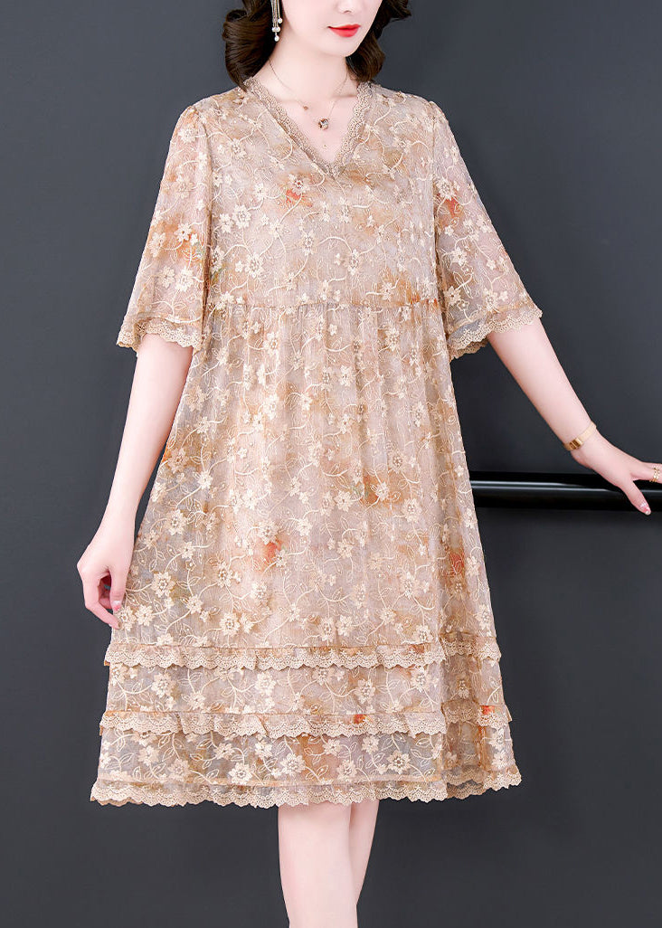 Apricot Embroideried Patchwork Lace a Line Dress Summer