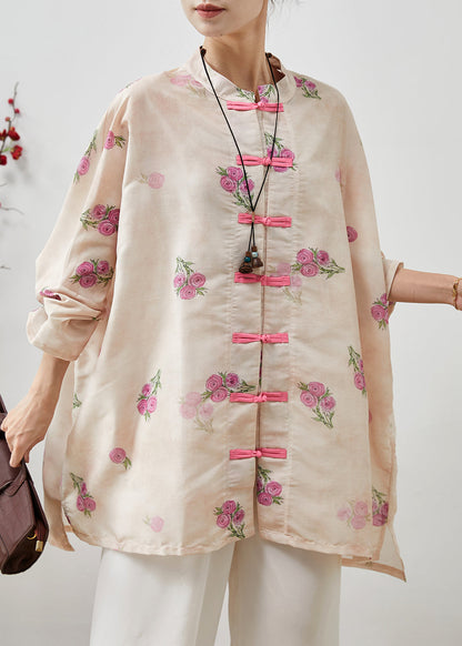Apricot Chinese Button Linen Loose Shirt Top Spring