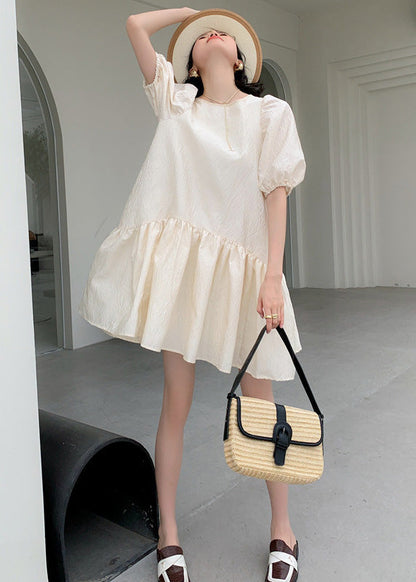 Apricot O Neck Patchwork Wrinkled Cotton Mid Dress Puff Sleeve