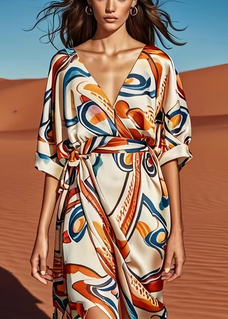 Apricot Print Low High Design Silk Dress Summer