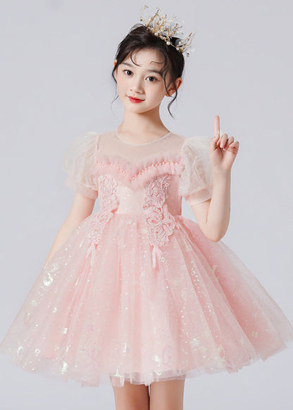 Apricot Puff Sleeve Patchwork Sequins Tulle Kids Robe Dresses Summer