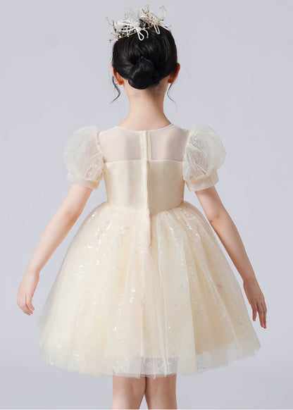Apricot Puff Sleeve Patchwork Sequins Tulle Kids Robe Dresses Summer