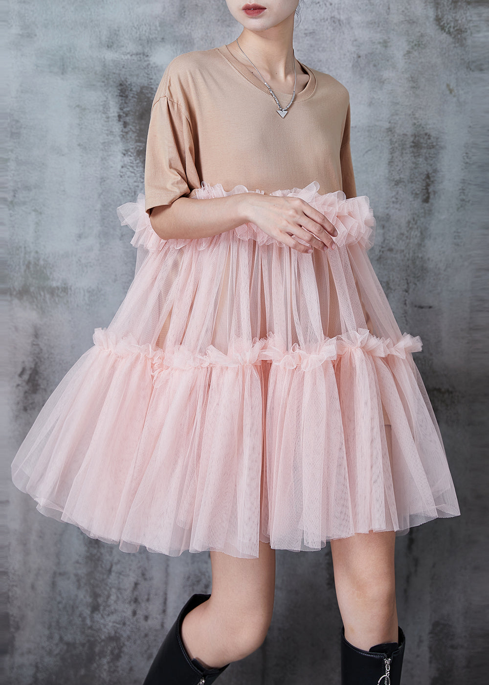 Apricot Ruffled Patchwork Tulle Tea Dress Summer