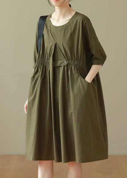 Army Green O Neck Patchwork Cotton Mid Dresses Summer