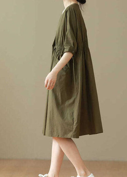 Army Green O Neck Patchwork Cotton Mid Dresses Summer