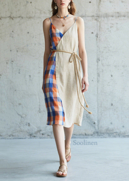 Beige Asymmetrical Patchwork Linen Cami Dresses Summer