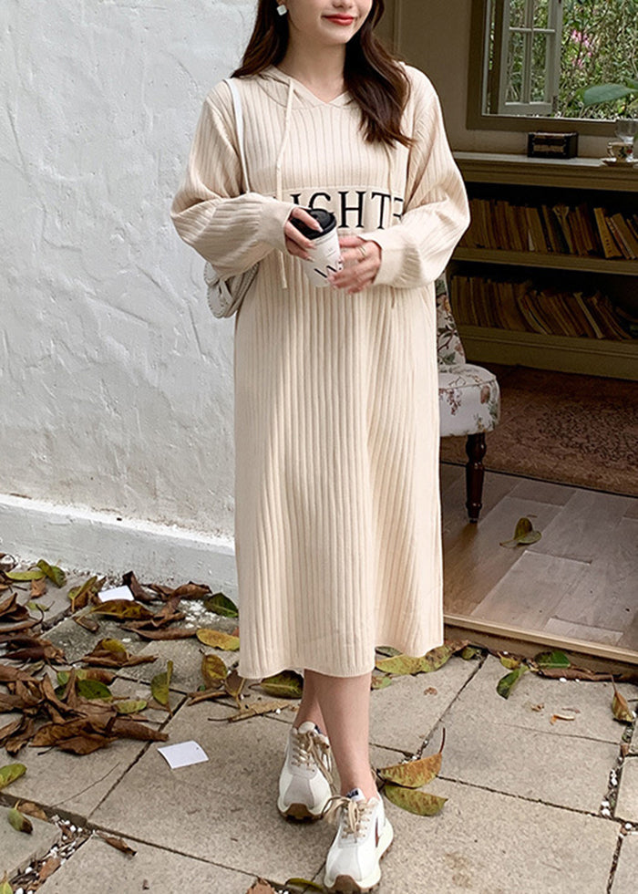 Beige Hooded Patchwork Letter Knit Sweatshirts Dress Fall