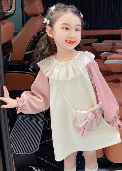 Beige O-neck Tulle Patchwork Kids Mid Dress Fall