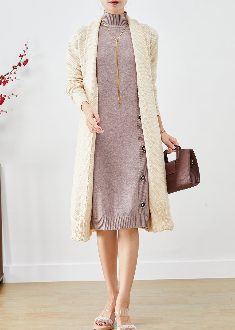 Beige Oversized Cashmere Knit Long Cardigans Fall